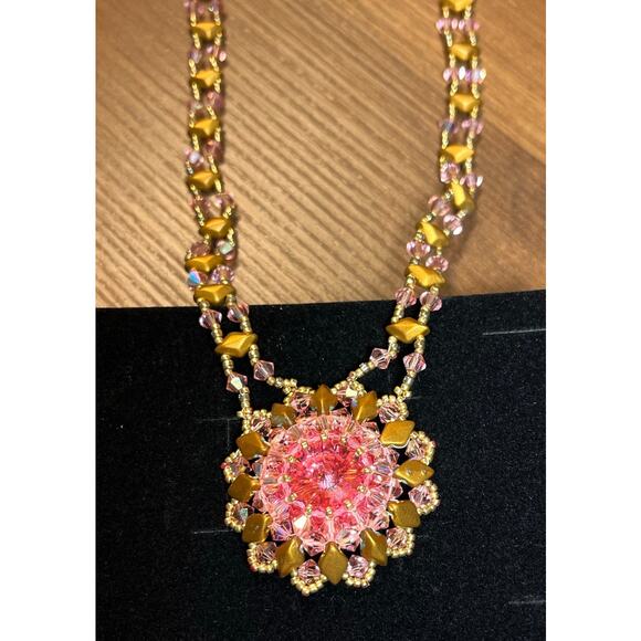 Handmade Pink Beaded Statement Necklace Gold Toggle Boho Artisan Jewelry - Picture 2 of 5